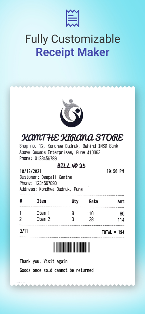 A mockup of a fully customizable business receipt featuring a logo, store details, itemized list, and barcode