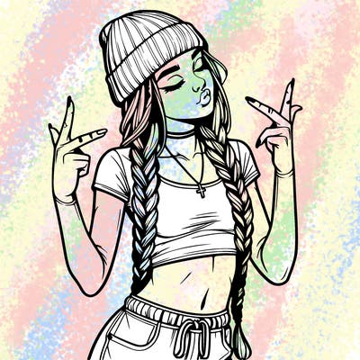 realistic teenage girl with braids and a beanie and crop top doing 🫶🏼