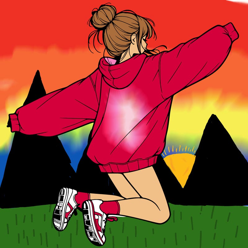 realistic girl jumping with a bun and oversized sweatshirt
