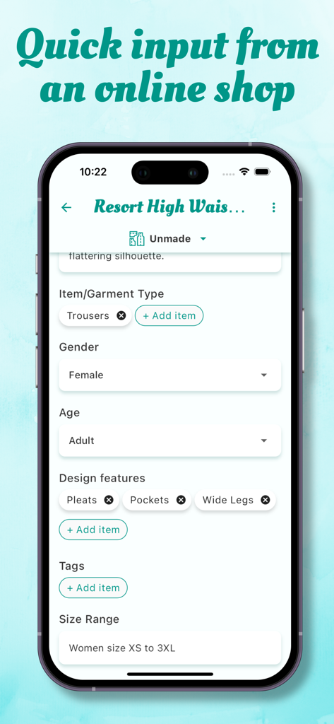 Smartphone displaying Stash Hub app Magic Input feature for importing sewing pattern details like garment type and design features
