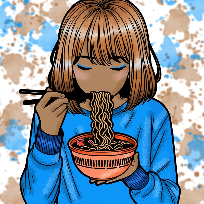 a girl realistic eating ramen noodles