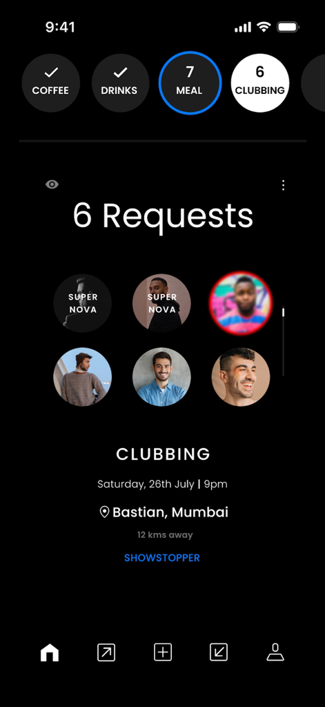 Interface do aplicativo NO NAMES mostrando várias solicitações de perfil para um plano de evento exclusivo de balada.