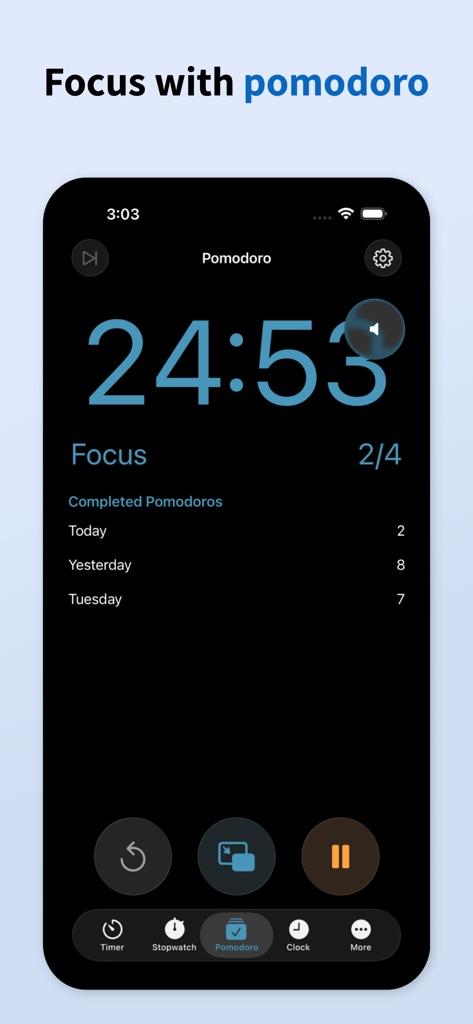 Pop Out Timer Stopwatch Clock - Pop Out Timerアプリのポモドーロ集中タイマースクリーン。残り時間と毎日の進捗状況が表示されます