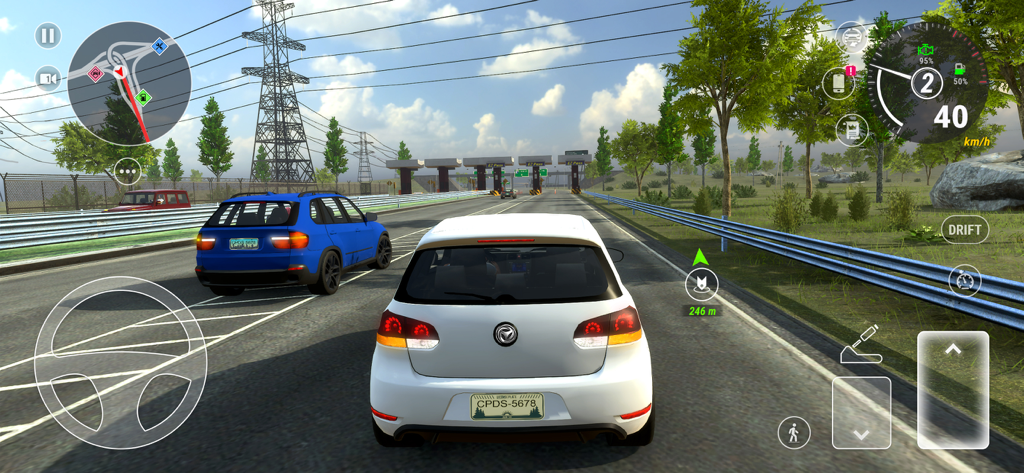 A white car driving on a multi lane highway with toll booths in the distance in the Car Parking Driving School mobile game