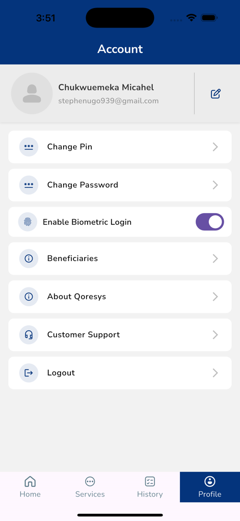 DW MFB - Account settings screen of the DW MFB app showing profile and security options