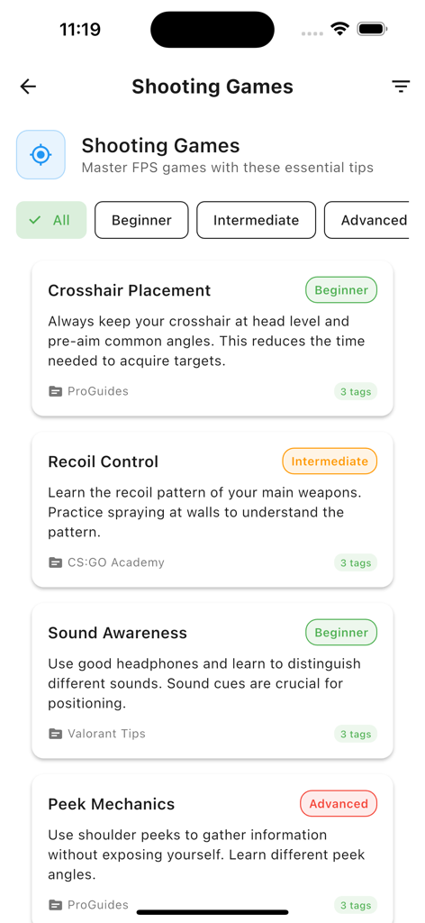 A screen showing shooting game tips categorized by skill level including crosshair placement and recoil control.