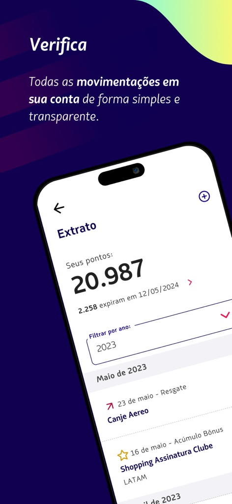 LATAM Pass - LATAM Pass app showing points balance and account transaction history.