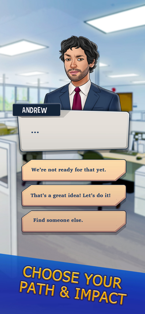 앤드류라는 이름의 캐릭터가 사무실 환경에 있으며, 인생 시뮬레이션 게임에서 대화 선택을 할 수 있습니다.