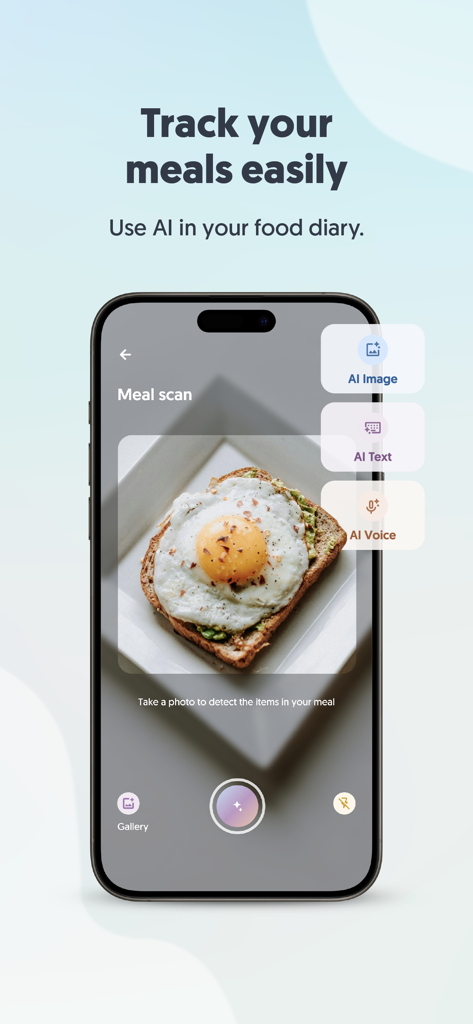 Nutrium app interface showing the AI meal scan feature with options for image, text, and voice tracking of a food diary entry.