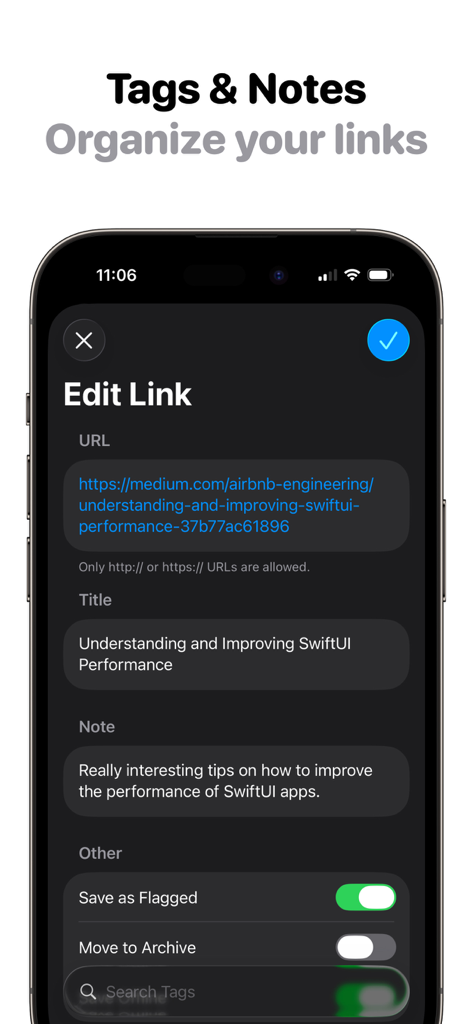 Later | Save Links, Read Later - Later app interface for editing saved links with custom notes and organization tags
