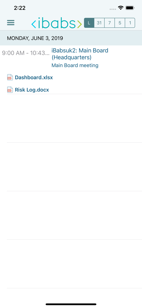 iBabs mobile app interface displaying a board meeting agenda with attached dashboard and risk log documents