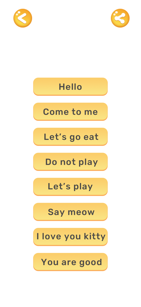 Cat Translator: Cat to Human - Interface of the Cat Translator app showing various phrases to translate for cats like Hello and Lets go eat.
