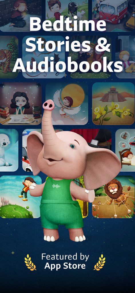 Readmio: Read Aloud Books - Pantalla de la aplicación Readmio con un elefante rosa y títulos de cuentos para dormir y audiolibros.