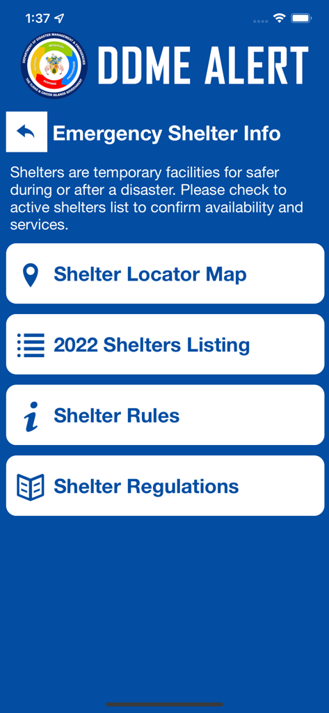 DDME Alert - DDME Alert App-Oberfläche mit Optionen für Notunterkunftsinformationen, einschließlich Standortkarte und Regeln für Unterkünfte