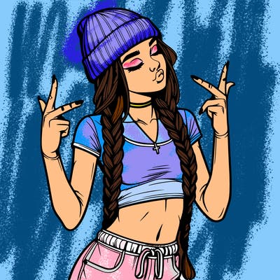 realistic teenage girl with braids and a beanie and crop top doing 🫶🏼