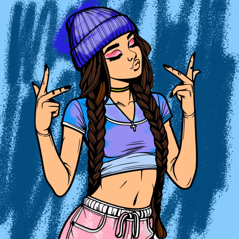 realistic teenage girl with braids and a beanie and crop top doing 🫶🏼