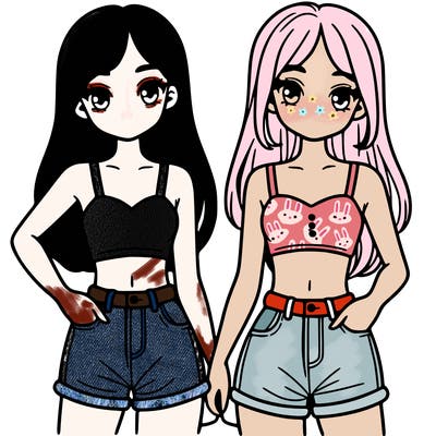 two sisters with crop tops and jean shorts and straight hair