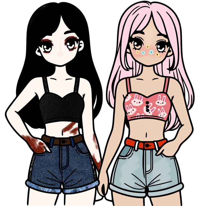 two sisters with crop tops and jean shorts and straight hair