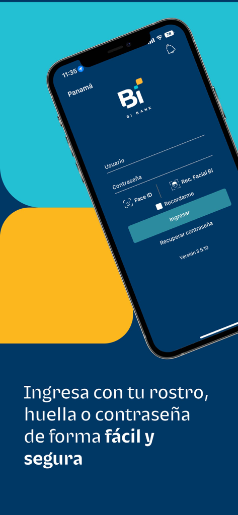 Bi en Línea PAN - Pantalla de inicio de sesión de Bi Bank Panamá con seguridad Face ID