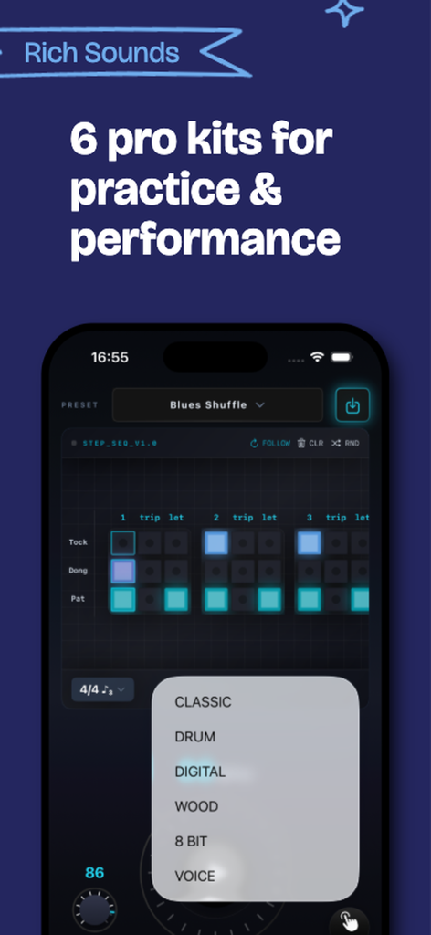 FlowBeats Metronome - Interface de l'application FlowBeats Metronome montrant une liste de kits sonores professionnels et un séquenceur de rythme visuel