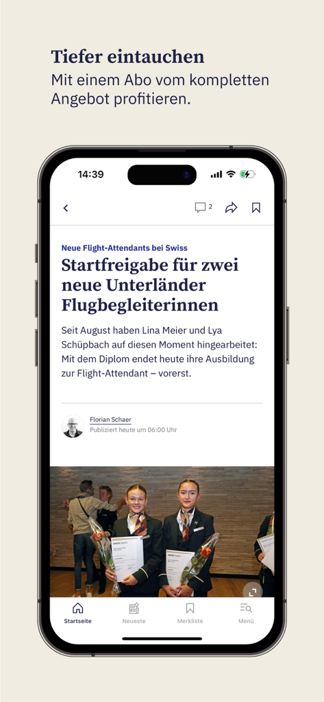 Zürcher Unterländer News - Zürcher Unterländer News Mobile App, die einen lokalen Nachrichtenartikel über neue Flugbegleiter auf einem iPhone zeigt.
