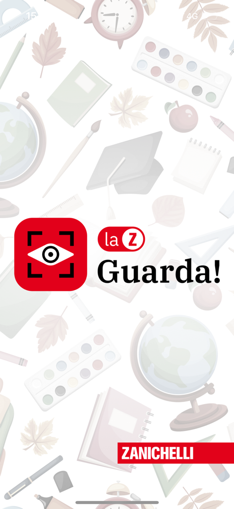 laZ Guarda! - Ecrã de abertura da aplicação laZ Guarda da Zanichelli, com um logótipo de olho vermelho e ilustrações relacionadas com a escola em fundo