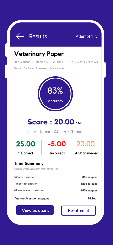 Una pantalla de aplicación móvil que muestra los resultados de la prueba con estadísticas de porcentaje de precisión y un resumen de tiempo para un cuestionario de examen veterinario.