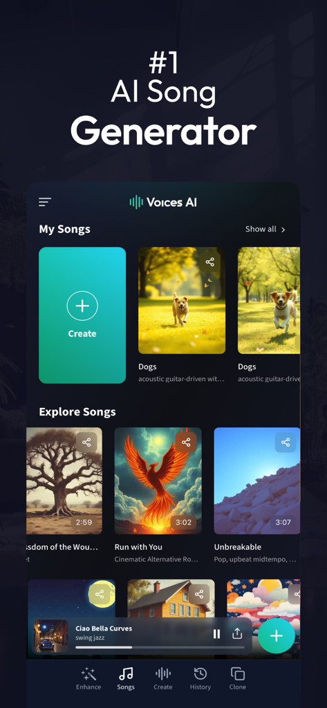 Interface of the Voices AI app showing the AI song generator feature with categories for personal songs and explore options