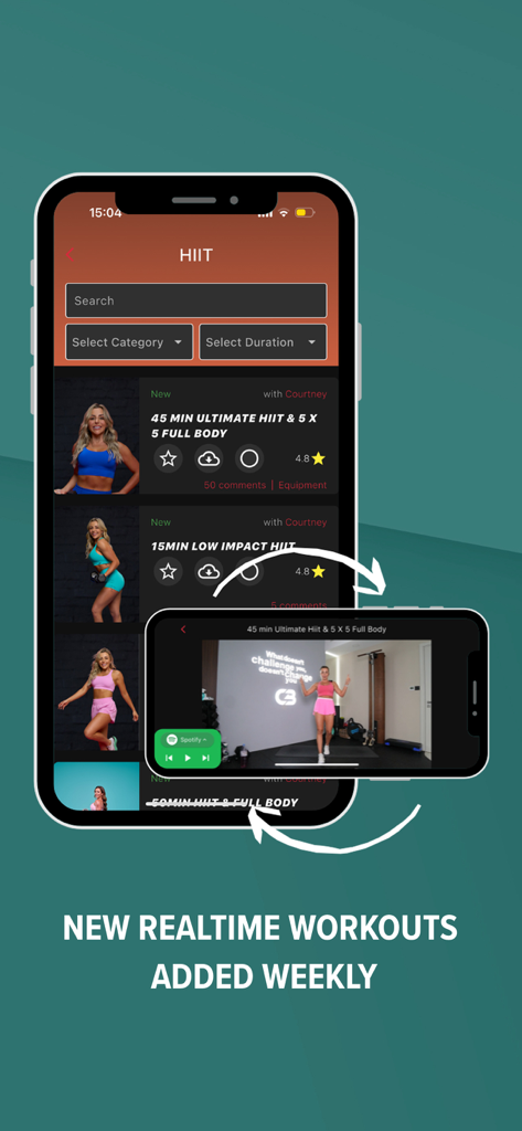 Courtney Black Fitness - Courtney Black Fitness app interface featuring HIIT workout videos and weekly training updates.