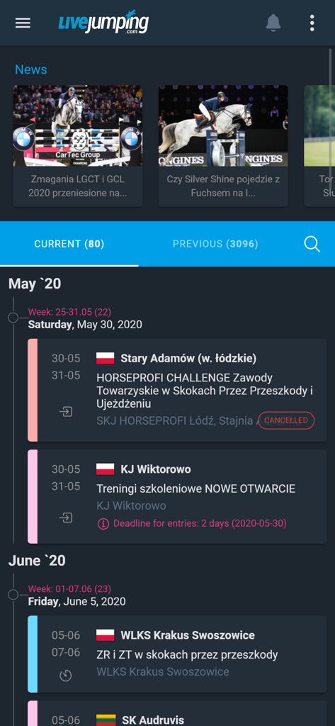 LiveJumping.com - LiveJumping app displaying equestrian news and competition event schedule