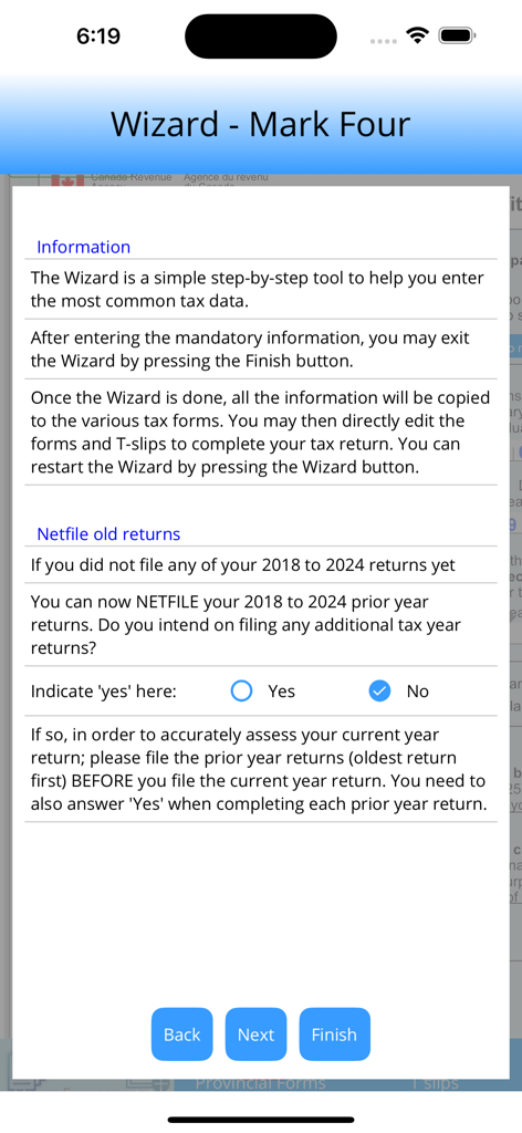 StudioTax 2025 - Asistente de la aplicación StudioTax que muestra opciones para presentar declaraciones de impuestos de años anteriores