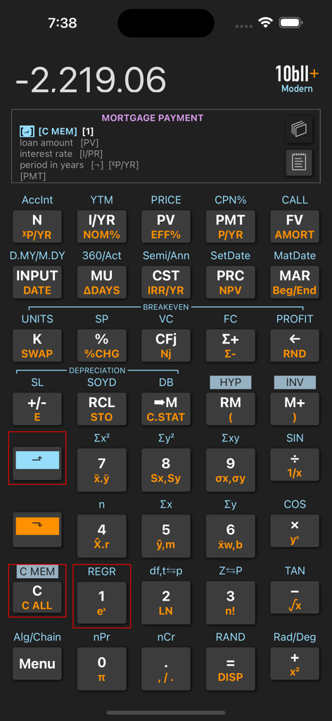 Interface of the 10bII plus financial calculator app showing a mortgage payment calculation recipe and a professional keypad
