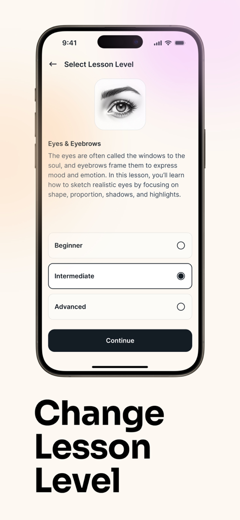 AR Drawing: Trace & Sketch Art - Smartphone screen displaying drawing lesson level options for beginner intermediate and advanced students