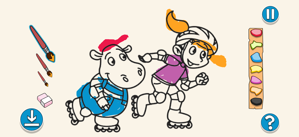 Molli und Walli | UKH - Interfaz de página de colorear digital con Molli y Walli patinando con herramientas de dibujo y paleta de colores