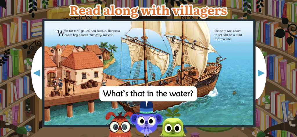 Teach Monster: Reading for Fun - Children reading along with villagers in an illustrated digital storybook inside the Teach Monster app