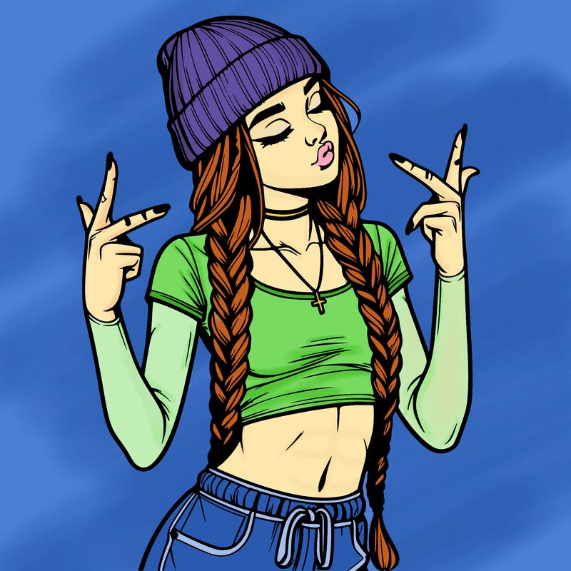 realistic teenage girl with braids and a beanie and crop top doing 🫶🏼