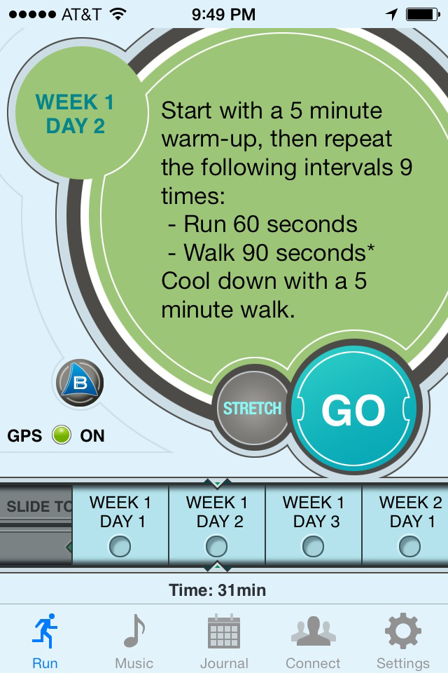 Ease into 5K: run walk interval training program - Ease into 5K app screen showing a Week 1 Day 2 interval training routine with run and walk instructions