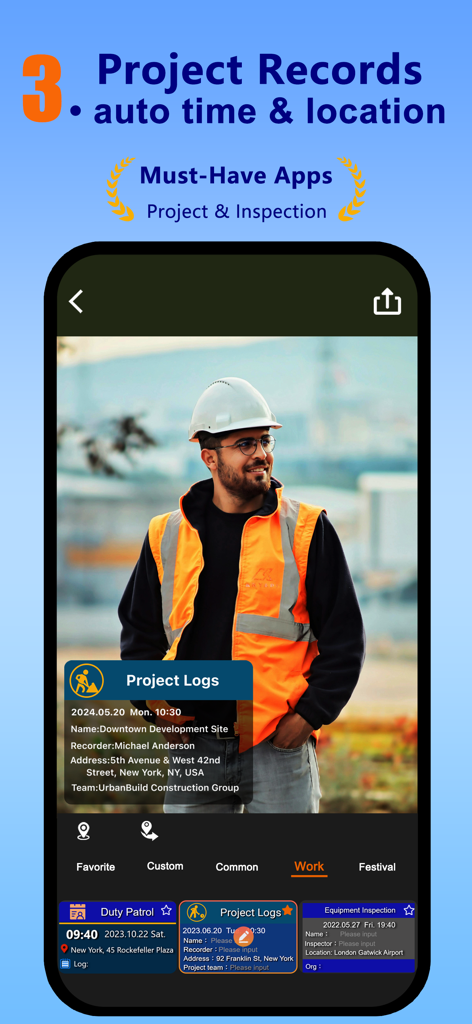 A mobile app screenshot showing project records with automatic time and location watermarks for professional construction documentation.