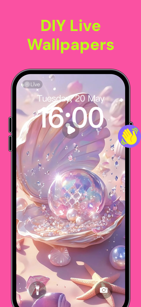 PicMi - Wallpaper & Widgets - PicMi DIY Live-Wallpaper-Funktion, die ein pinkes ästhetisches Muschel- und Perlendesign auf einem iPhone-Sperrbildschirm zeigt