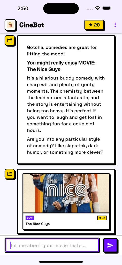 CineBot - Movie Recommender - Interface de chat IA dans l'application CineBot recommandant le film The Nice Guys avec une description détaillée et une note.