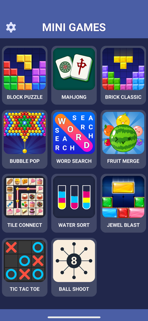 Mini Games : No Wifi Games - A menu screen showing various offline mini games like Block Puzzle, Mahjong, and Word Search.