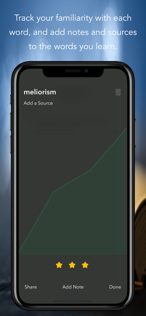 Word Vault: Vocabulary Builder - A mobile app screen showing a line graph tracking learning progress for the word meliorism with star ratings and note options.