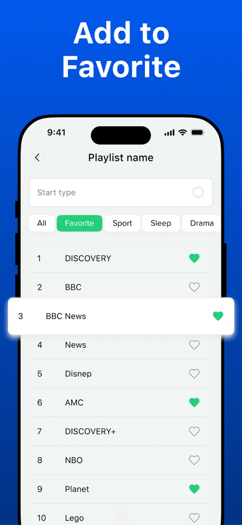 IPTV Smart Player⁺ - iPhone screenshot of IPTV Smart Player plus showing a channel list with the favorites feature highlighted