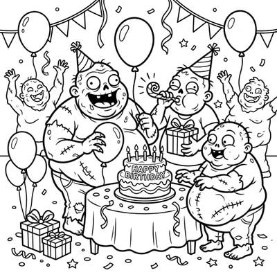 Get ready for a unique celebration with this hilarious Bloated Zombie Birthday Party coloring page! Perfect for those who love a quirky twist on festive themes, it promises hours of creative fun.