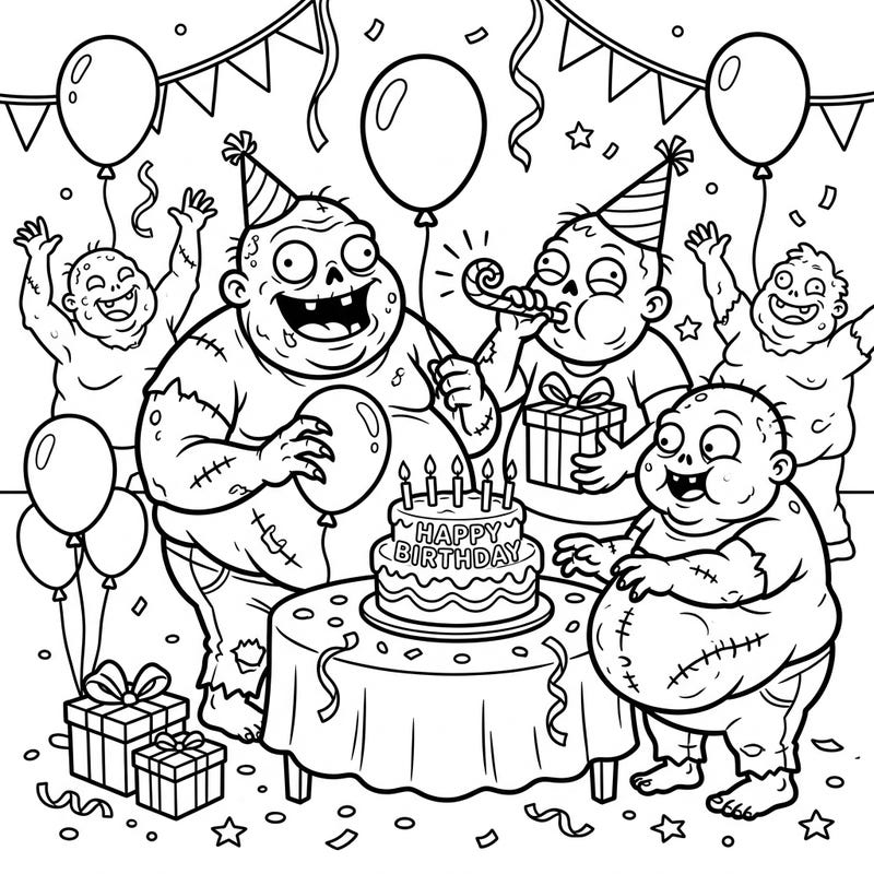 Get ready for a unique celebration with this hilarious Bloated Zombie Birthday Party coloring page! Perfect for those who love a quirky twist on festive themes, it promises hours of creative fun.