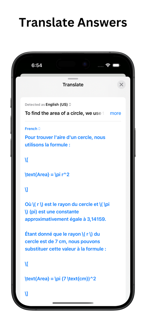 Easy Maths - AI Math Solver - Interface of Easy Maths app showing a math solution translated from English to French