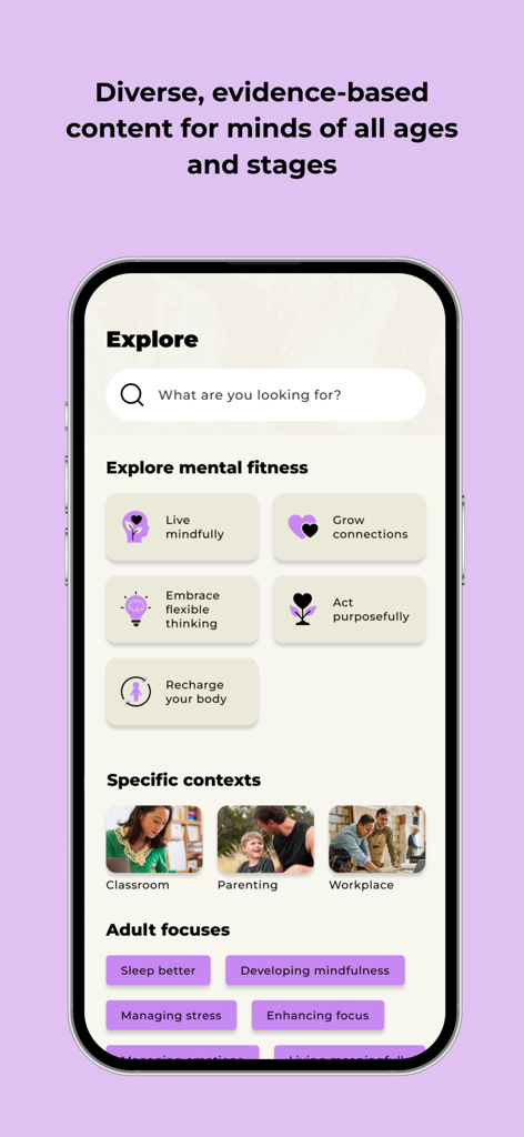 Smiling Mind: Mental Wellbeing - Smiling Mind app explore screen showing mental fitness categories for all ages