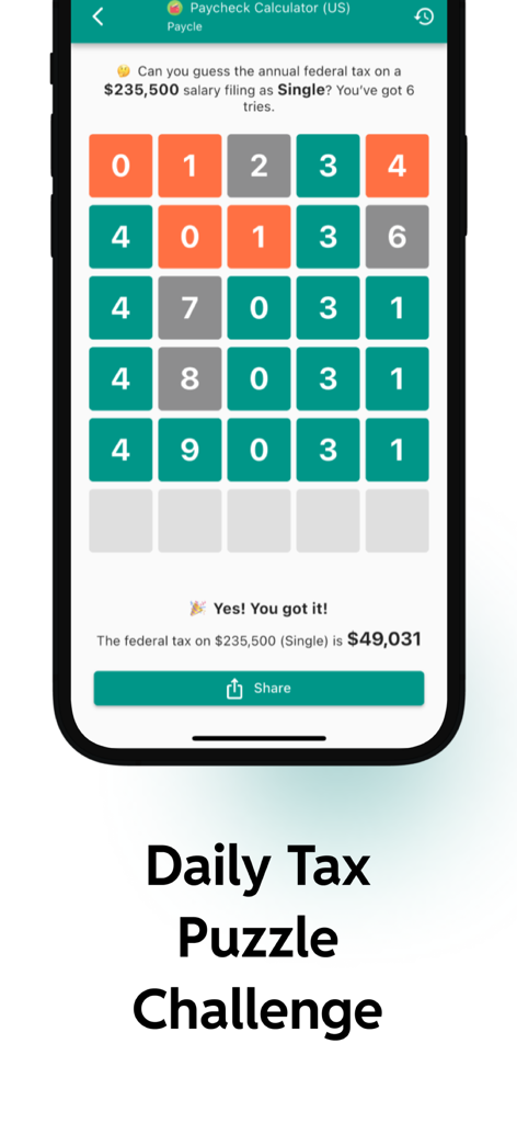 Daily tax puzzle challenge game screen within the paycheck calculator app