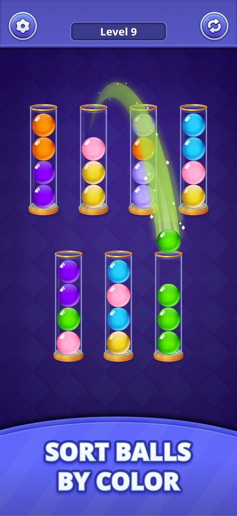 Ball Sort Genius - Puzzle Game - Gameplay screenshot of Ball Sort Genius showing colored balls being sorted into tubes