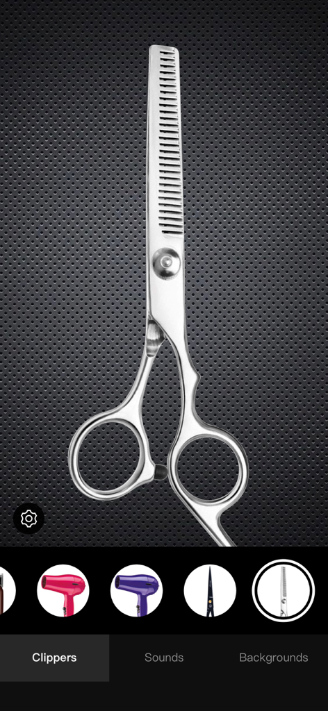 A pair of hair thinning shears displayed on a dark textured background in the Hair Clippers and Razor Prank app interface